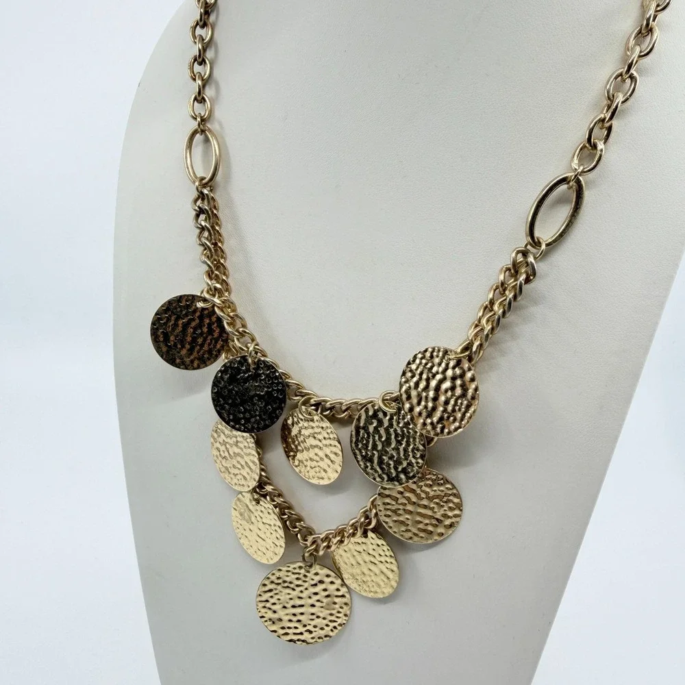 Vintage Boho Gold Tone Hammered Disc Bib Necklace Y2K Statement Chunky Chain